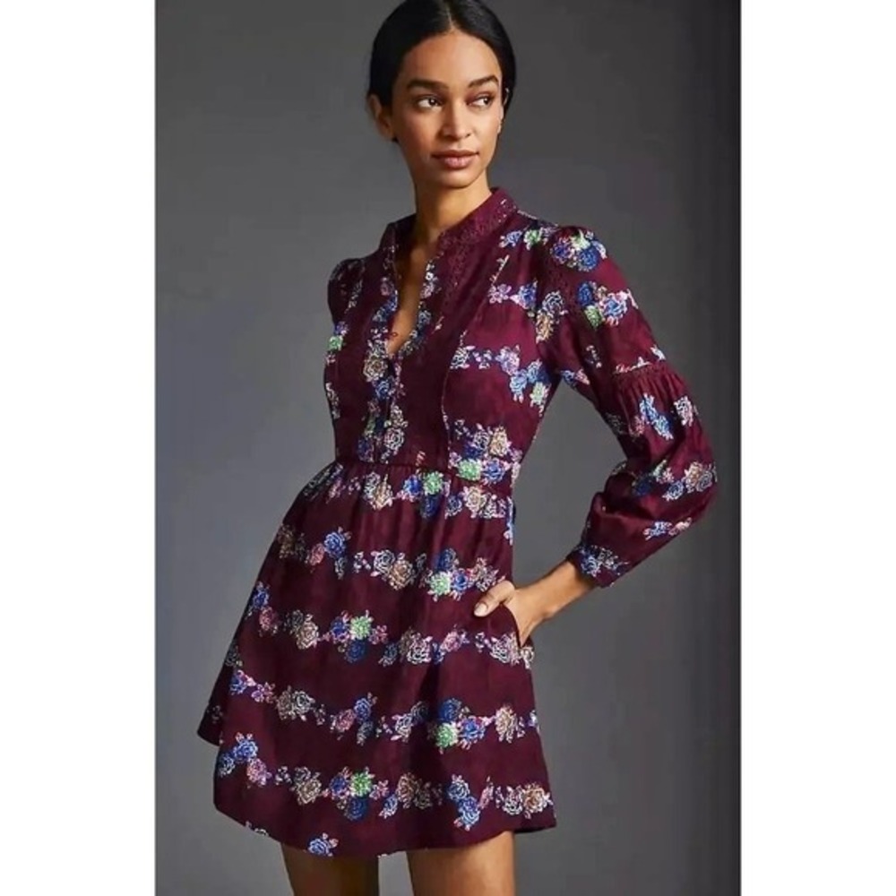 BY ANTHROPOLOGIE Mini Tunic Long Sleeve Dress Floral Lace Trims Purple X-Small‎
